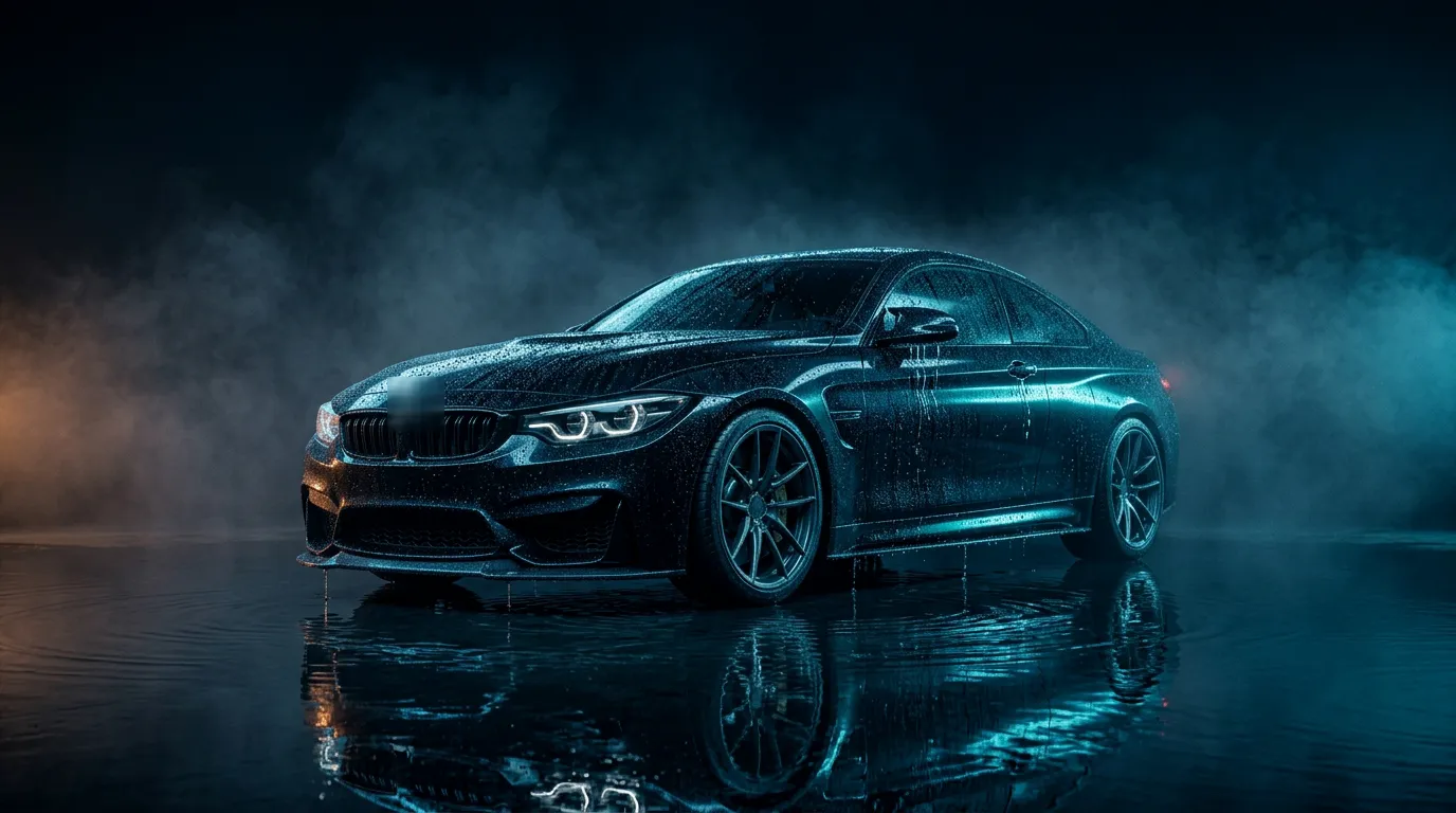 Freshly detailed black coupe covered in water beads under deep blue light