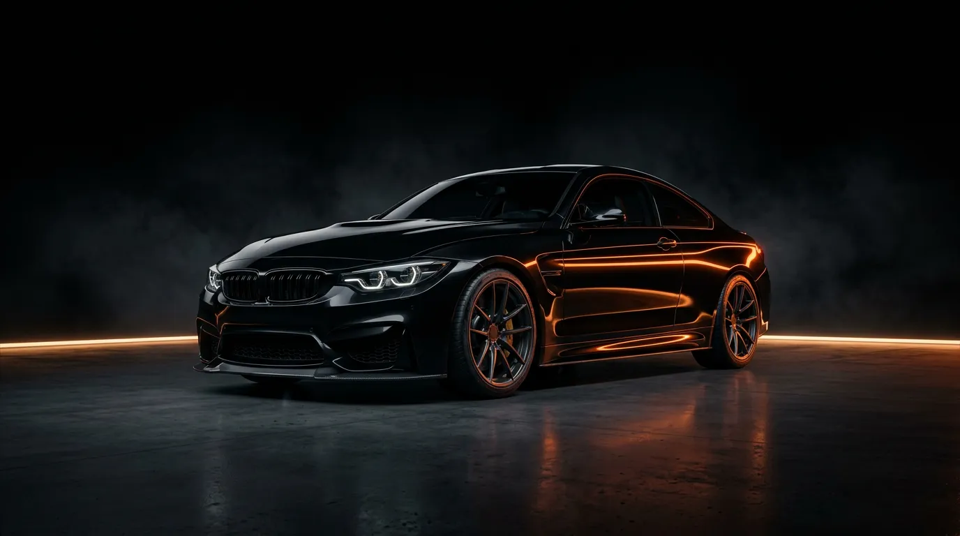 Black coupe with a flawless finish under orange studio light