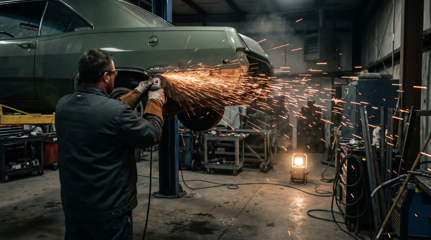 Sparks arc from a quarter panel as a technician works the metal