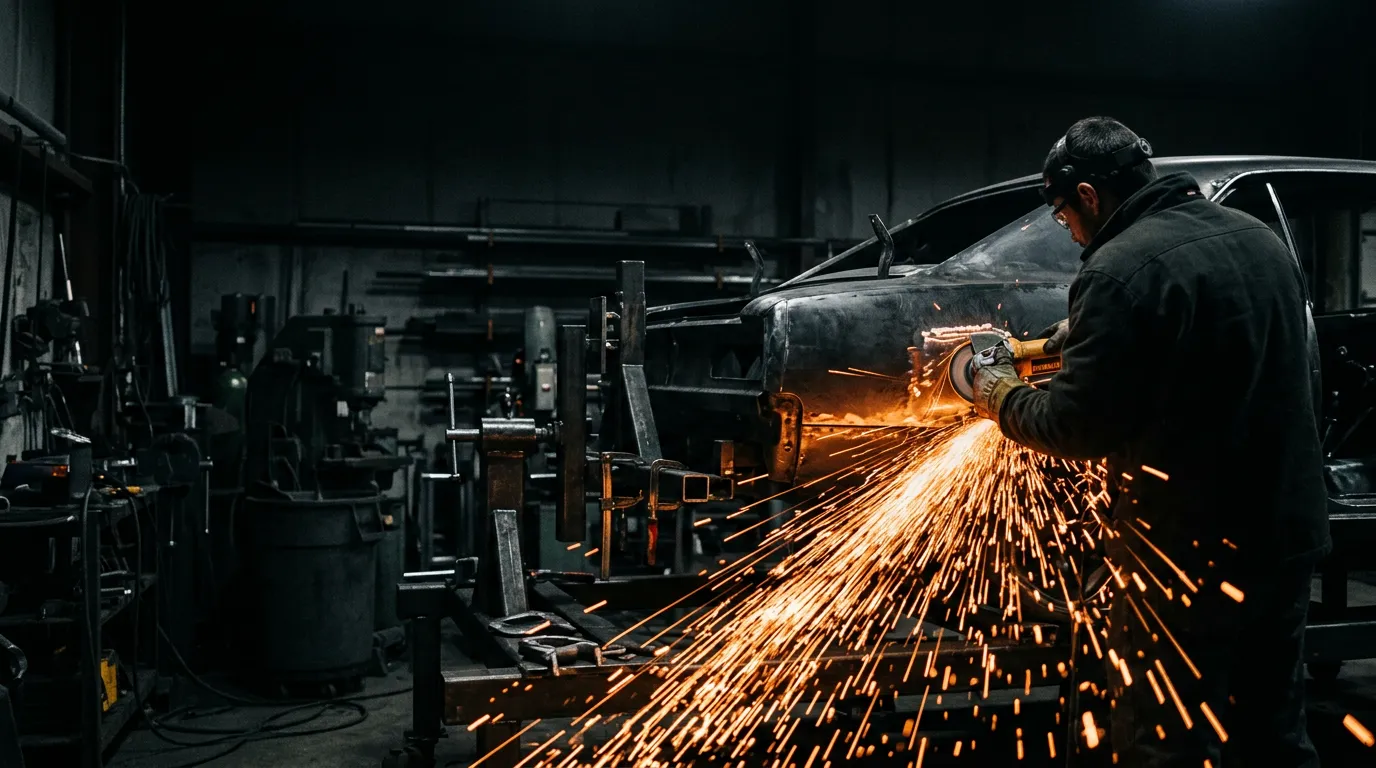 Metal fabrication sparks during bodywork on a classic car shell mounted on a rig